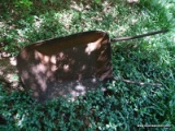 (OUT) VINTAGE METAL WHEELBARROW; HAS A SOLID RUBBER TIRE AND MEASURES 26 IN X 50 IN X 21 IN