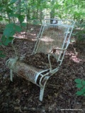 (OUT) METAL PATIO ARM CHAIR; IRON AND MESHED WIRE CHAIR WITH MAPLE LEAF PATTERN. MEASURES 27 IN X 27
