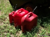 (OUT) LOT OF 3 GAS CANS; 2 ARE 5 GALLONS AND 1 IS 2 GALLONS