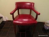 (HALL) OFFICE CHAIR; MAHOGANY AND FAUX LEATHER OFFICE CHAIR WITH BRASS STUDDING- 26 IN X 19 IN X 30