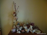 (DBR) CONTENTS ON TOP OF CHEST- PR OF CERAMIC FIGURINES- 8 IN H, CASE GLASS FLUTED BASKET-8 IN H,