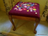 (DBR) STOOL, MAHOGANY QUEEN ANNE STOOL WITH NEEDLEPOINT SEAT- 16 IN X 16 IN X 15 IN