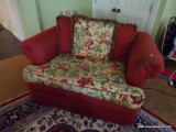 (FAM) LOVESEAT; SINGLE CUSHION RED STRIPED UPHOLSTERED LOVESEAT/OVERSIZED CHAIR IN GOOD USED