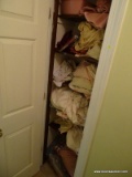 (HALL) CONTENTS OF LINEN CLOSET; INCLUDES VARIOUS LINENS OF VARYING COLORS, SIZES AND STYLES.