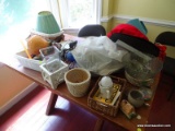 (KIT) CONTENTS OF FARM TABLE; INCLUDES CANDLES, BASKETS, A SIGNED ART POTTERY VASE, SALAD BOWL, AND