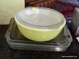 (KIT) PYREX LOT; INCLUDES A PYREX CLEAR PIE DISH, A YELLOW PYREX MIXING BOWL, AND 3 CLEAR PYREX