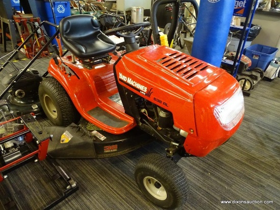 YARD MACHINE RIDING LAWN MOWER; RED AND BLACK YARD MACHINE 638RL RIDING MOWER WITH A 13.5 HP