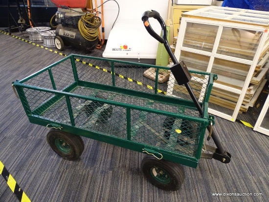 STEEL CART WITH DROP-DOWN SIDES; FOREST GREEN LOAD CART WITH DROPPABLE CAGE SIDES, REMOVABLE HANDLE.