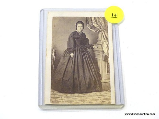 ANTIQUE CARTE DE VISITE PHOTOGRAPH; MEASURES 2.5" X 4" AND IS TITLED "WIDE MOURNING SKIRT".