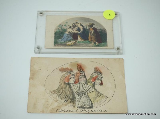 2 PIECE LOT; INCLUDES A VINTAGE POSTCARD "CHICKEN C(R)COQUETTES" AND A VINTAGE "DISCOVERY OF MOSES