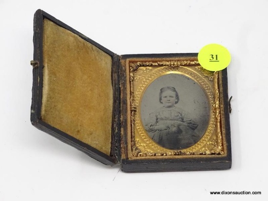 ANTIQUE TINTYPE; NINTH PLATE SIZE AND IS TITLED "CHILD IN LIGHT DRESS". IS IN EXCELLENT CONDITION.