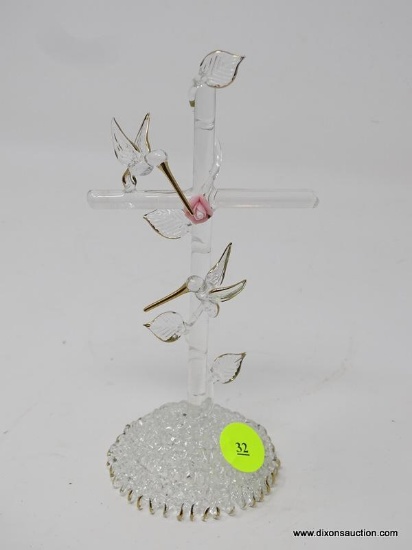 HANDCRAFTED GLASS CROSS; BEAUTIFUL HANDCRAFTED GLASS CROSS FIGURINE WITH TWO HUMMINGBIRDS AND A ROSE