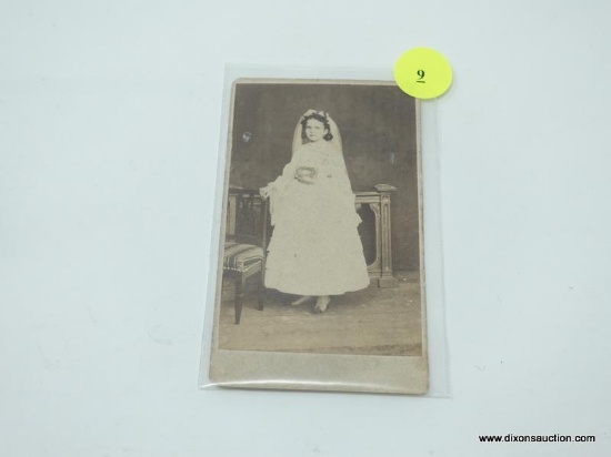 ANTIQUE CARTE DE VISITE PHOTOGRAPH; MEASURES 2.5" X 4" AND IS TITLED "BRIDE". IS IN EXCELLENT