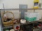 SHELF LOT; INCLUDES A BOX FILLED WITH REMOTES, JOINTERS TAPE, A GOLD TONED BASKET, ETC.