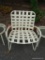 OUTDOOR WHITE ALUMINUM & VINYL CROSS STRAP ARM CHAIR. MEASURES APPROX. 2 FT. X 2 FT. X 2 FT. 7 IN.