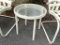 OUTDOOR WHITE ALUMINUM & TEMPERED GLASS OUTDOOR PATIO TABLE. IN GOOD USED CONDITION. MEASURES
