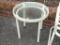 OUTDOOR WHITE ALUMINUM & TEMPERED GLASS OUTDOOR PATIO TABLE. IN GOOD USED CONDITION. MEASURES