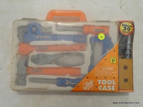 KIDS TOOL KIT; THE HOME DEPOT TOOL CASE WITH CHILDRENS TOOLS TO INCLUDE A HAMMER, PLIERS, A C-CLAMP,