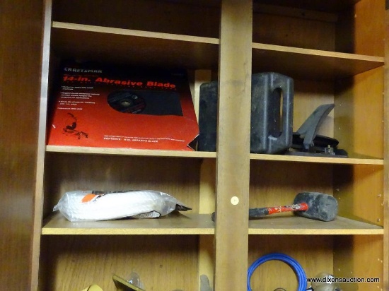 PARTIAL CABINET LOT; INCLUDES 2 SHELVES WITH ASSORTED CONTENTS OF A CRAFTSMAN 14 IN ABRASIVE CHOP