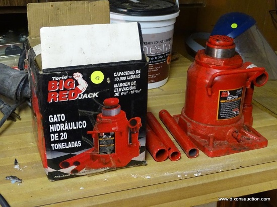 20 TON JACK; BIG RED JACK BY TORIN. IS IN THE ORIGINAL BOX AND IS IN GOOD CONDITION.