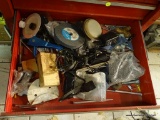 DRAWER LOT; INCLUDES A HACK SAW, A DELTA GRINDING WHEEL, ASSORTED CORDS, AND MORE!