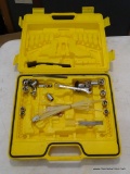 HARD VINYL CASE WITH ASSORTED CONTENTS; INCLUDES SOCKETS, A COMBINATION WRENCH, WIRE BRUSH, ETC.