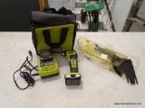 RYOBI DRILL; 12 V DRILL WITH BATTERY PACK, CHARGER, AND CARRYING BAG. INCLUDES A MITER SAW GUARD.