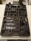ASSORTED TOOL LOT; INCLUDES SOCKETS, SET OF CHANNEL LOCKS, BITS, ETC. ALL IN A BLACK HARD VINYL