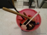 BUCKET LOT; INCLUDES A PINK WORK BUCKET WITH CONTENTS OF MULTIPLE BRUSHES.