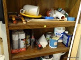 2 SHELF LOT; INCLUDES PAINT BRUSHES, PAINTERS TAPE, SPRAY PAINT, BENJAMIN MOORE PAINT, AND MORE!