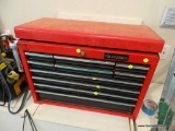 HUSKY TOOL BOX; RED AND BLACK TOOLBOX WITH LIFT TOP STORAGE AREA AND 10 DRAWERS. IS IN EXCELLENT