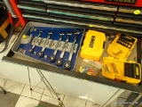 DRAWER LOT; INCLUDES COMBINATION WRENCHES, DEWALT DRILL BIT CASES, DRILL BITS, INSULATED PHONO