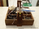 TOOL CARRIER; WOODEN DIVIDED SECTION NAIL/SCREW/TOOL CARRIER WITH 9 SECTIONS. INCLUDES CONTENTS OF