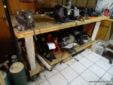WORKBENCH; WOODEN WORKBENCH WITH LOWER SHELF AND ON CASTERS FOR EASY MOVEMENT. IS IN VERY GOOD