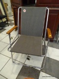 ZIP DEE FOLDING CHAIR; CHROME FINISH FRAME, WOOD ARM RESTS AND CHARCOAL GREY PINSTRIPE SEAT AND