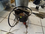 VINTAGE OUTDOOR GAS BURNER; METAL OUTDOOR PROPANE BURNER SITTING ON 3 CURVED METAL LEGS. PERFECT FOR