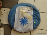 ONE STEP AHEAD POP UP TENT; BLUE AND WHITE INFANT POP UP BEACH TENT. COMES WITH YELLOW STAKES AND