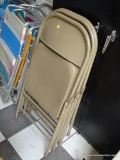 SET OF METAL FOLDING CHAIRS; SET OF 3 TAN METAL FOLDING CHAIRS. ONE DOES HAVE A NAME WRITTEN IN