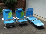 SET OF BEACH CHAIRS; SET OF 4 BLUE BEACH CHAIRS. ONE OF THE CHAIRS IS A TRI-FOLD LOUNGE STYLE CHAIR.