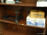 SHELF LOT TO INCLUDE: ADJUSTABLE CRATE DOLLY, ATLAS CF883 COAXIAL LOUDSPEAKER & PARTIAL BOX OF A