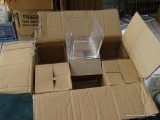 CLEAR GLASS JARS; LOT OF 12 SQUARE JARS, IN ORIGINAL BOX, PACKAGED. SOLD AS-IS.