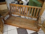 HANGING PORCH CHAIR; WOODEN PORCH CHAIR WITH METAL SUPPORT CHAIN, 50 IN X 22 IN X 21 IN.