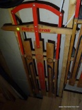 VINTAGE FAST TRACK SLED; WOOD AND METAL SNOWSPORT TORPEDO SLED. 46.5 IN X 22 IN. IN GOOD CONDITION.