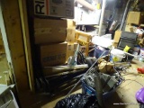 LARGE ASSORTED LOT; INCLUDES PLASTIC PIPING, ASSORTED BOXES, SHELF RACKS, ASSORTED TUBS, ETC.