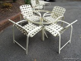 5 PC. OUTDOOR WHITE ALUMINUM PATIO SET; INCLUDES (4) VINYL CROSS STRAP ARM CHAIRS & ROUND ALUMINUM