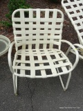 OUTDOOR WHITE ALUMINUM & VINYL CROSS STRAP ARM CHAIR. MEASURES APPROX. 2 FT. X 2 FT. X 2 FT. 7 IN.