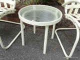 OUTDOOR WHITE ALUMINUM & TEMPERED GLASS OUTDOOR PATIO TABLE. IN GOOD USED CONDITION. MEASURES