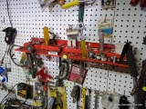 ORGANIZER LOT; INCLUDES A RED WALL HANGING TOOL ORGANIZER WITH CONTENTS OF WRENCHES, SPARK PLUGS, A