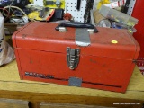 WATERLOO TOOL BOX; RED AND BLACK TOOL BOX WITH AN INTERIOR TRAY AND MISC. CONTENTS.