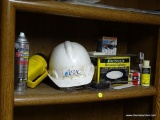 SHELF LOT; INCLUDES INCLUDES RUST-OLEUM, A RECESSED LIGHTING FIXTURE, AN AFLAC HARD HAT, ETC.